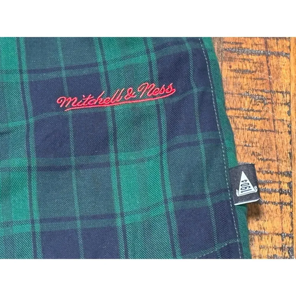Mitchell & Ness Branded Plaid Shorts Drawstring Green Mens Large L New NWOT